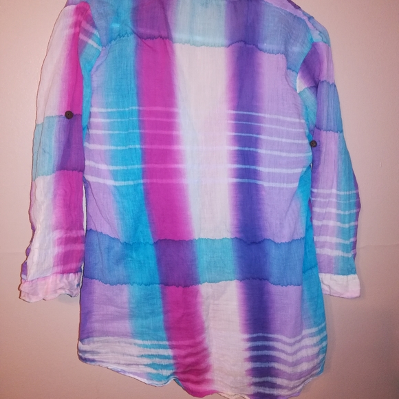 3/4 roll up sleeve colorful sheer blouse - Picture 8 of 8